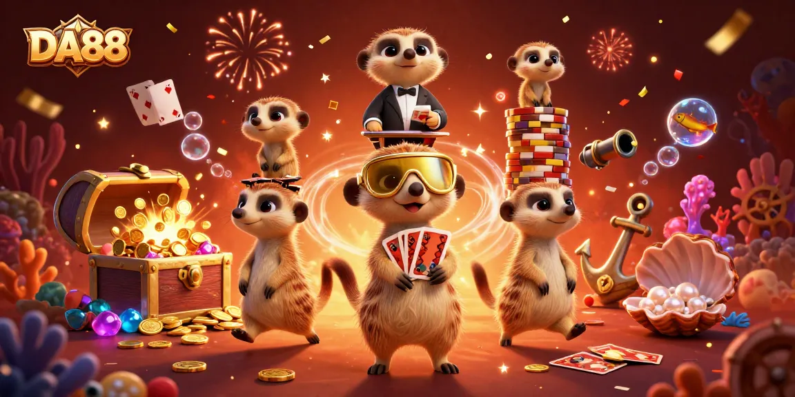Experience thrilling gameplay at DA88 casino with meerkats managing chips and games in a vibrant scene.
