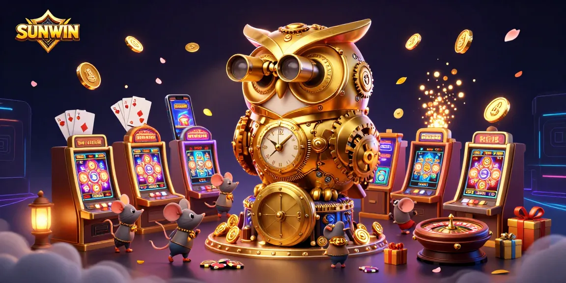 SUNWIN's immersive casino atmosphere featuring a golden owl, dynamic games, and vibrant characters.