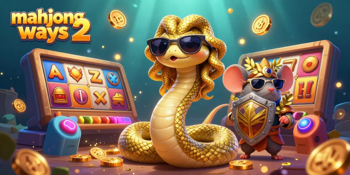 Spin for big wins with mahjong ways 2, featuring Medusa and a warrior mouse amidst slot reels and golden coins.