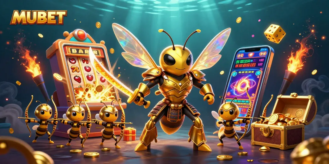 MUBET showcases a dynamic 3D scene with a golden hornet in samurai armor and casino symbols, creating a winning atmosphere.