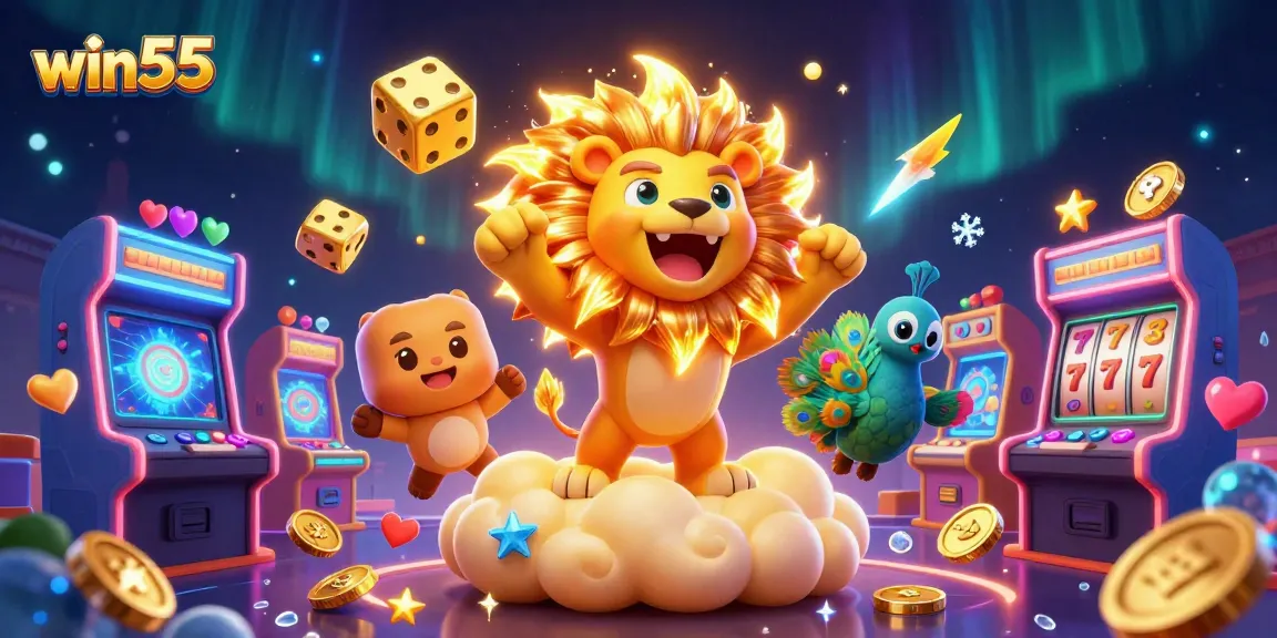 win55 showcases vibrant gaming action with a 3D lion, golden dice, and dynamic game elements