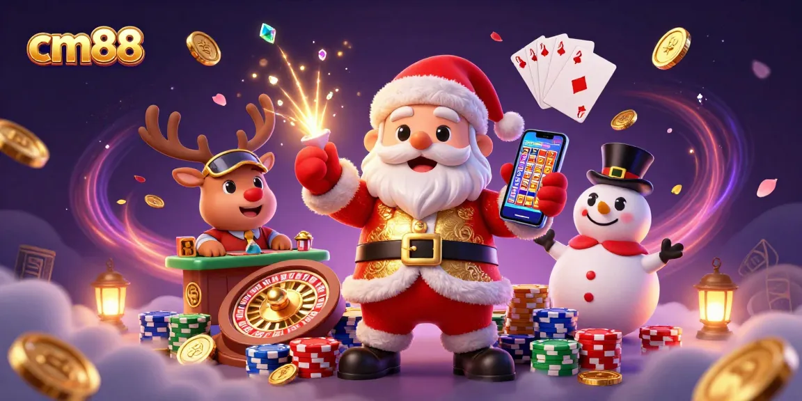Win exciting slots at cm88 with a cartoon Santa and friends in a festive casino scene.