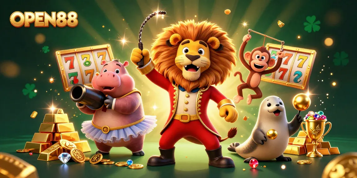 Engage with OPEN88's vibrant online gaming world featuring exciting 3D elements illustrating jackpots and fun!