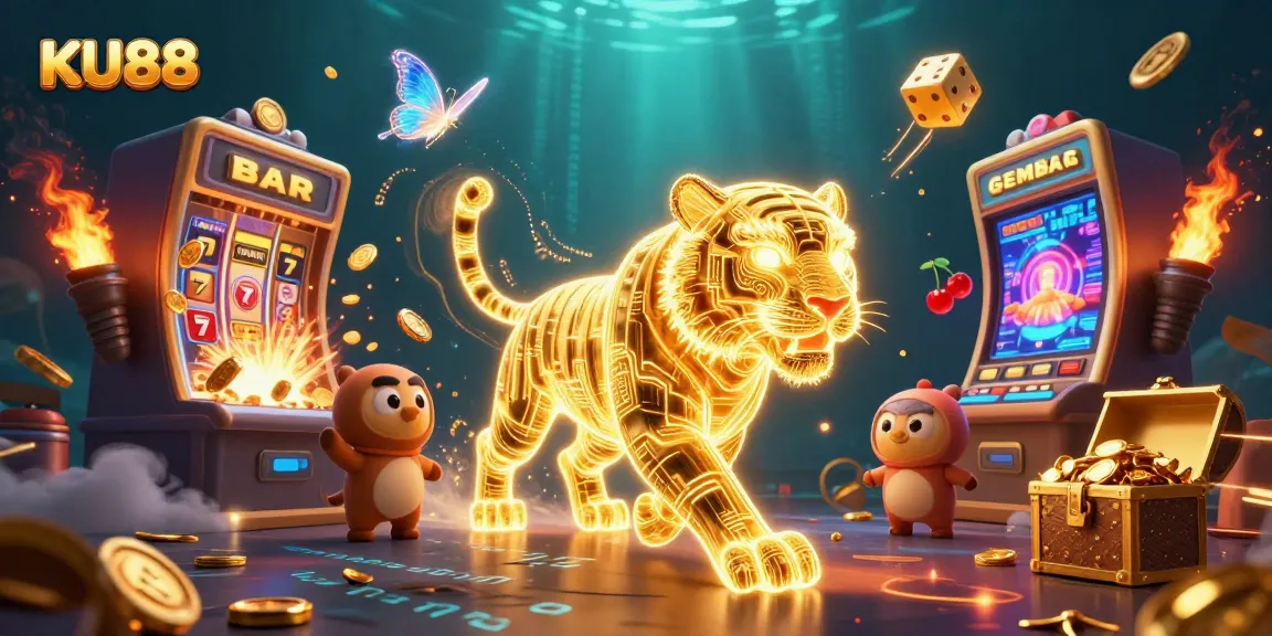 Experience excitement at KU88 with a golden tiger navigating a digital casino landscape filled with jackpots and bonuses.