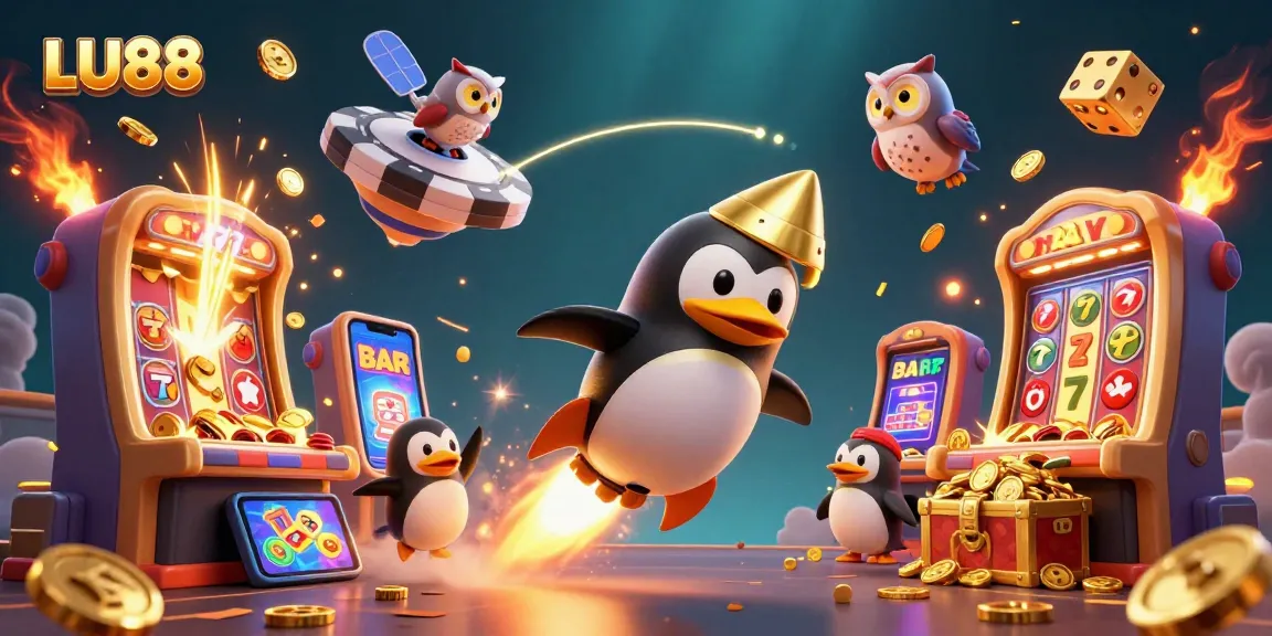 Experience the thrill of LU88 with a vibrant 3D illustration showcasing a golden penguin, casino elements, and dynamic jackpot scenes.