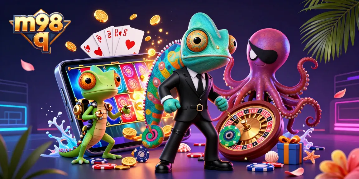 Engage with m98 q through a vibrant casino scene featuring a chameleon, gecko Q, and an octopus amidst colorful slot gaming action.