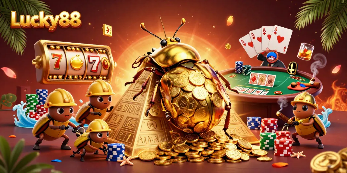 Experience the excitement of Lucky88 as cartoon bugs roll massive gold coins in a vibrant casino scene.