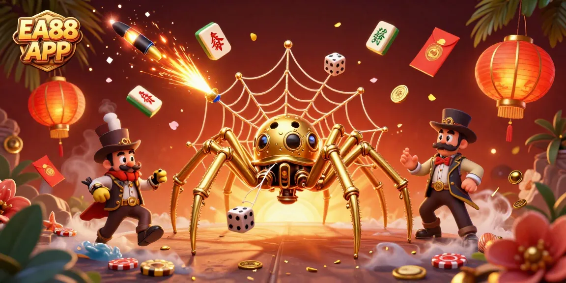 Engage with the EA88 APP as the steampunk spider spins its web over a vibrant casino scene.