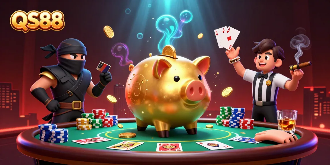 Engage with QS88 at a dynamic poker showdown featuring a sumo wrestler, ninja, and referee amid vibrant casino elements.