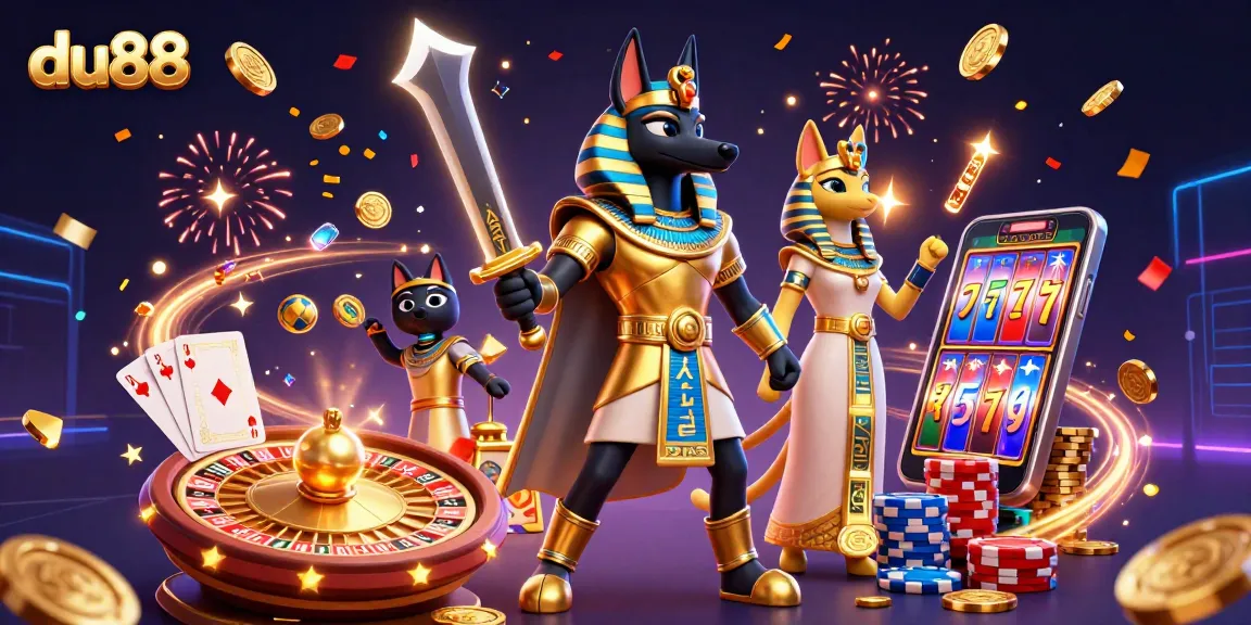 Win big at du88 with this vibrant scene of Anubis and Bastet celebrating amidst casino elements.