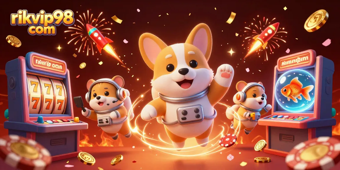 Experience thrilling gameplay at rikvip98 com with a lively casino scene featuring a corgi astronaut and floating riches.
