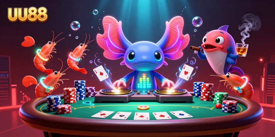 Experience the vibrant energy of uu88's online poker scene with neon characters and rich casino elements.