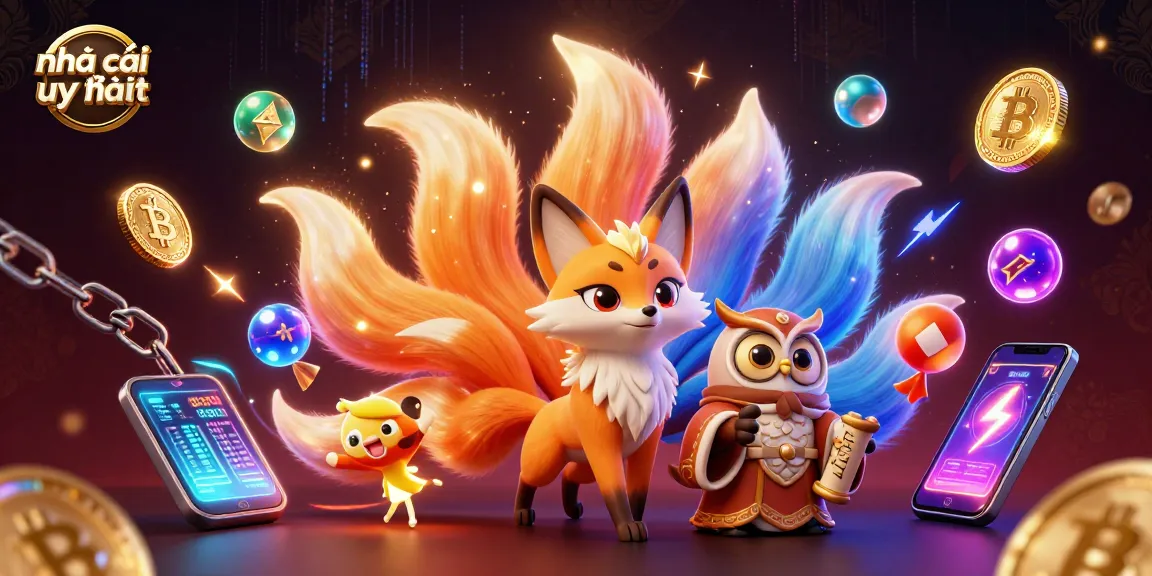 Engage with nhà cái uy tín through a colorful and dynamic casino-themed 3D illustration featuring a fox spirit and owl sage.