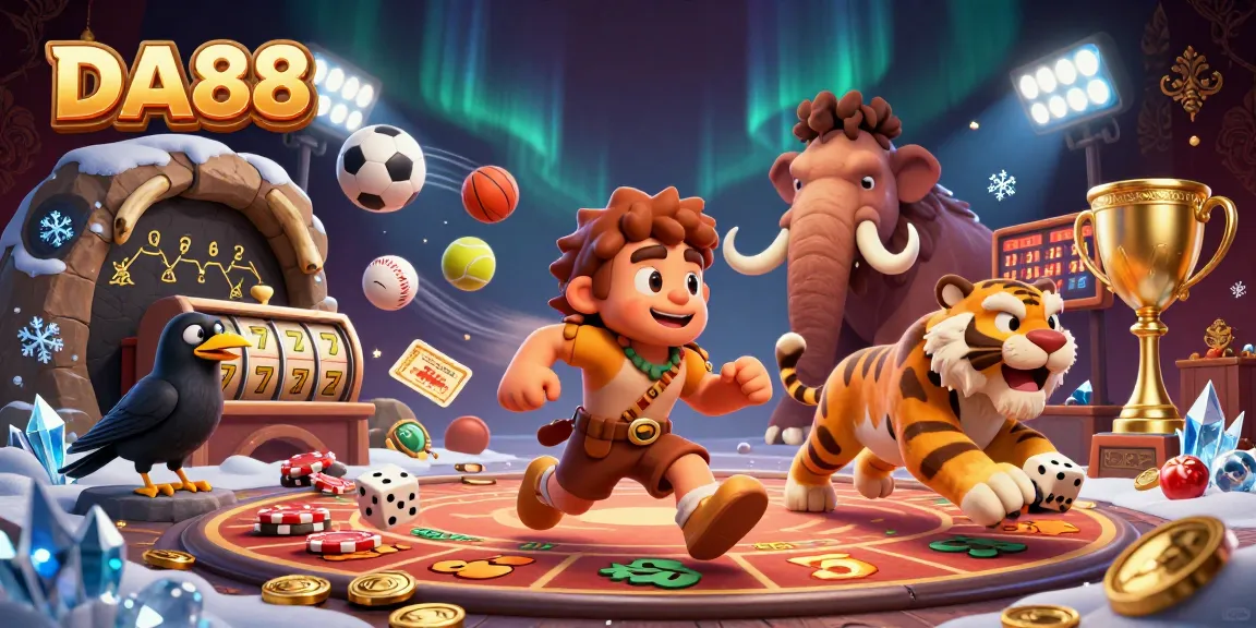 DA88 engages players in a lively prehistoric casino scene with vibrant gaming elements.