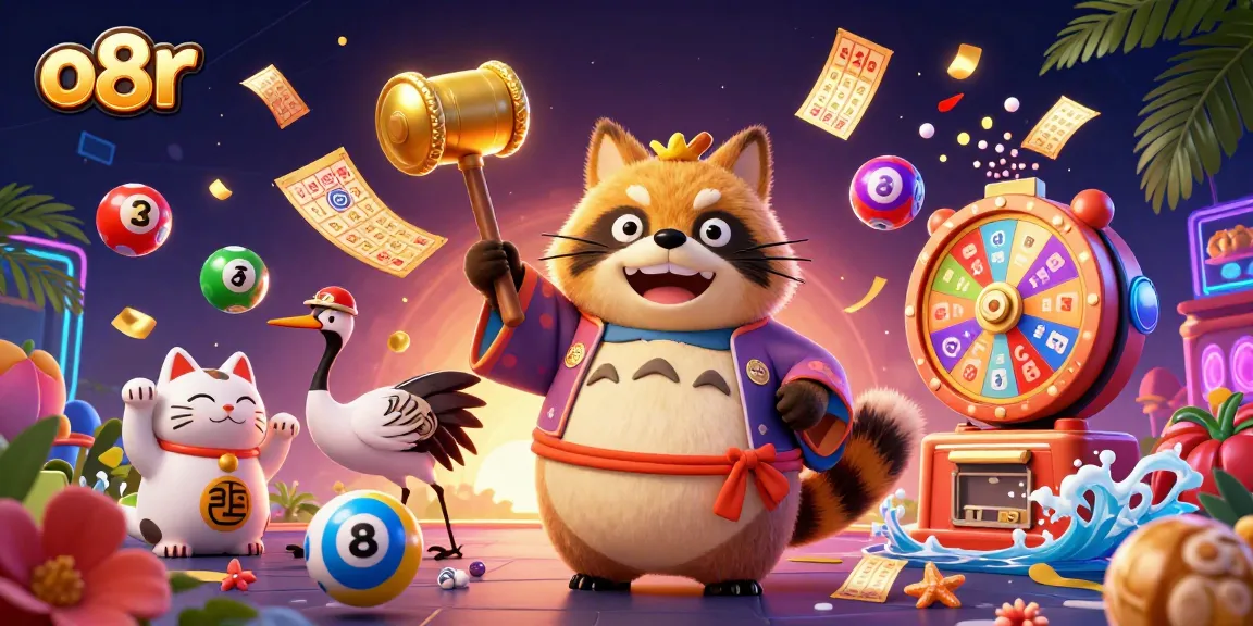 Experience the excitement of o8r with colorful lottery elements and dynamic characters in a vibrant casino scene.