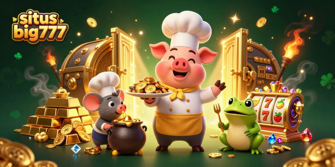 Situs big777 showcases thrilling slot adventures, featuring a chef pig, sous-chef mouse, and critic frog amid golden treasures.