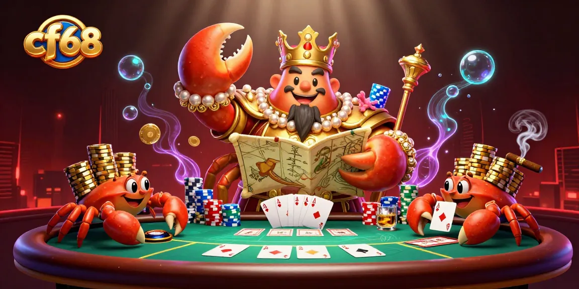 Experience the vibrant world of cf68 with a golden crab emperor presiding over a bustling casino scene.