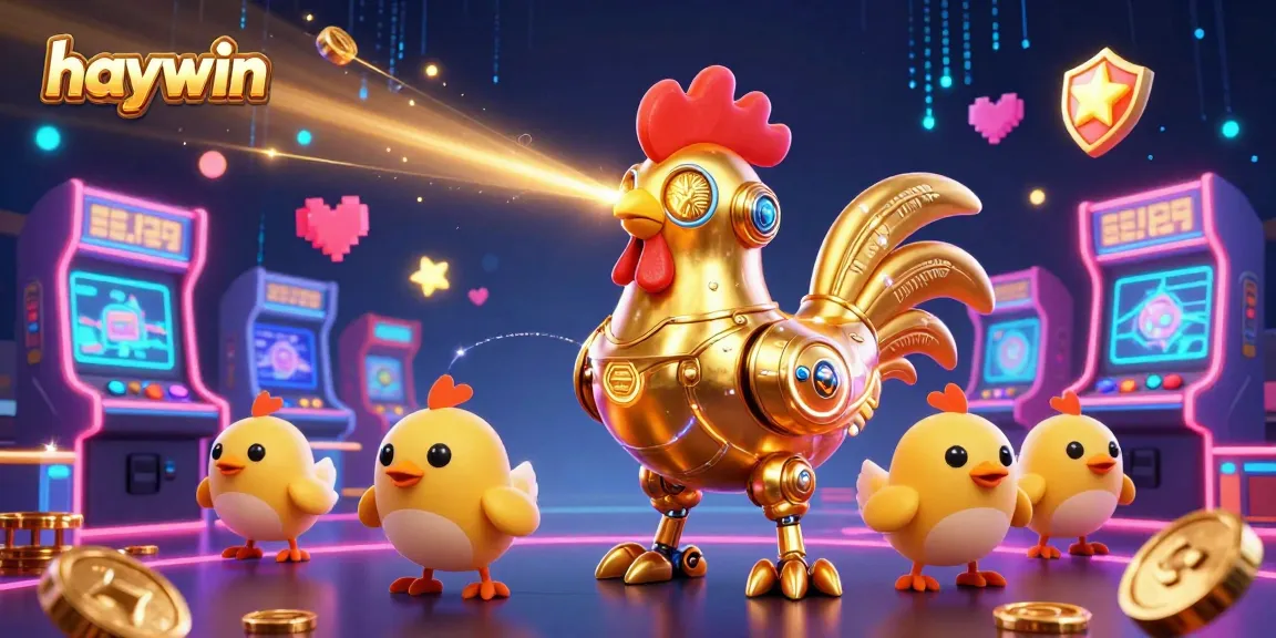 Experience the dynamic gaming world of haywin with a retro-futuristic rooster robot blasting golden patterns, surrounded by vibrant arcade elements.