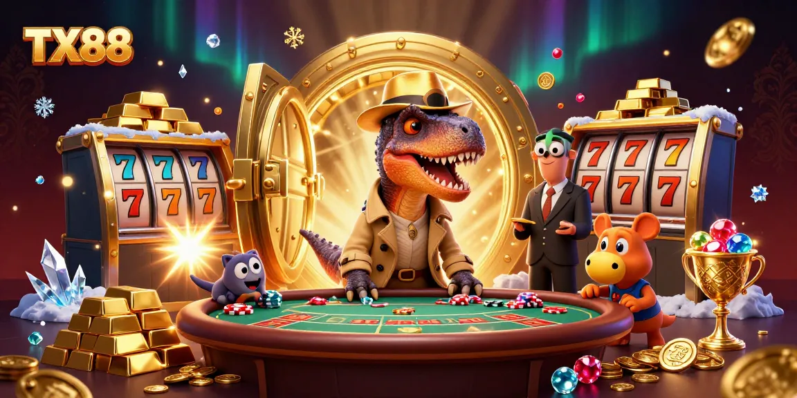 Experience thrilling gaming action with TX88, featuring dinosaurs at a blackjack table amidst treasures.
