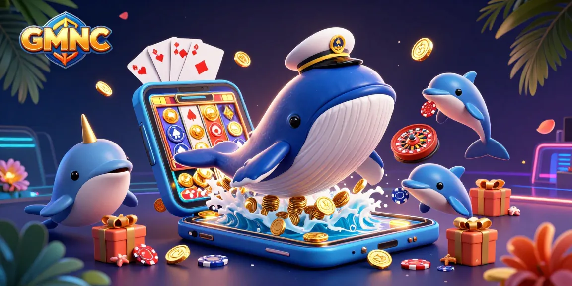 GMNC promotes safe betting with a fun whale and dolphins in a vibrant casino scene