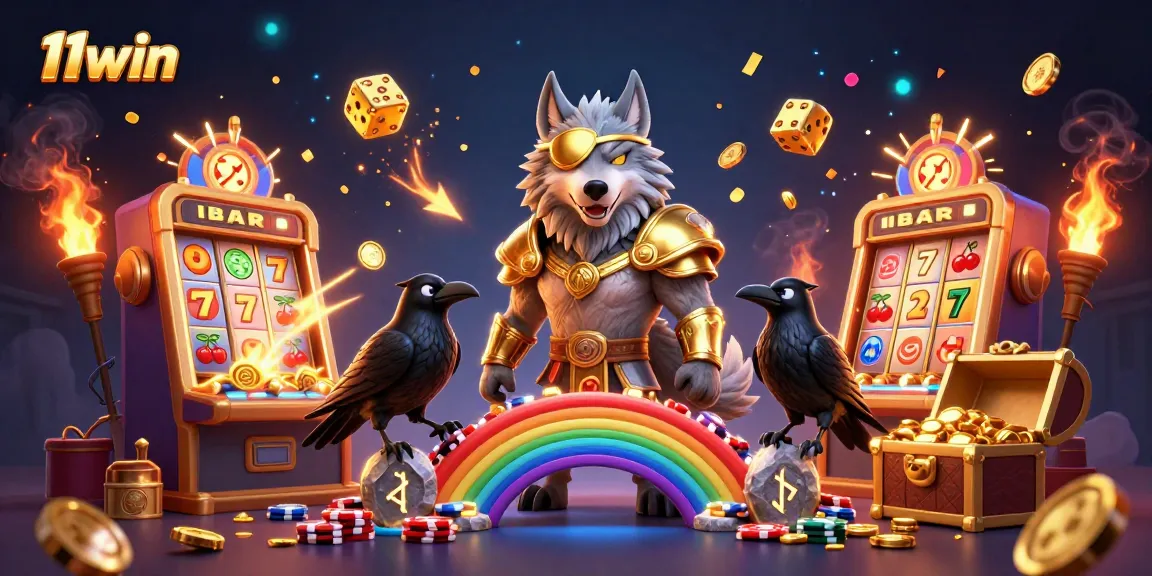 Engage in thrilling casino adventures with 11win's mythical 3D Norse wolf and ravens surrounded by jackpot excitement.