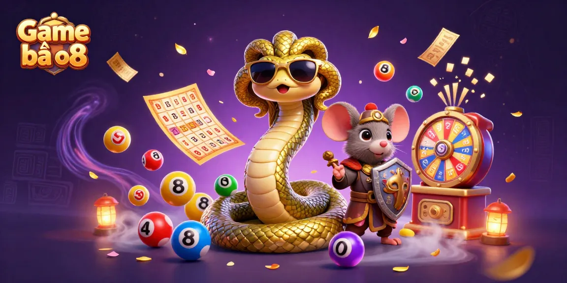 Experience the vibrant Game bài o8 scene with characters amidst colorful lottery elements.
