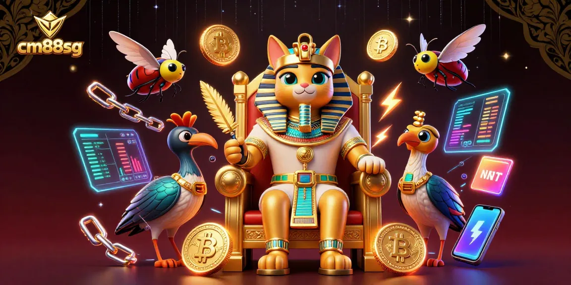 Experience top-tier gaming at cm88sg with an Egyptian pharaoh cat surrounded by crypto elements.