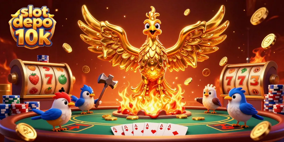 Spin the reels in style with slot depo 10k, featuring golden phoenix and vibrant casino elements.