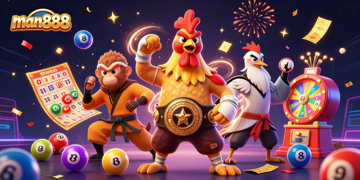 man888 celebrates luck with vibrant lottery balls, a golden bingo card, and lively characters in 3D art