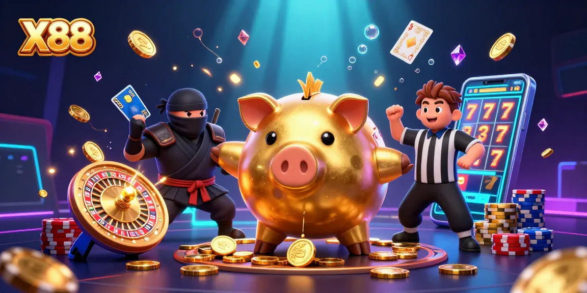 X88 piggy bank sumo wrestler overcoming challenges as golden coins cascade in this dynamic casino scene.