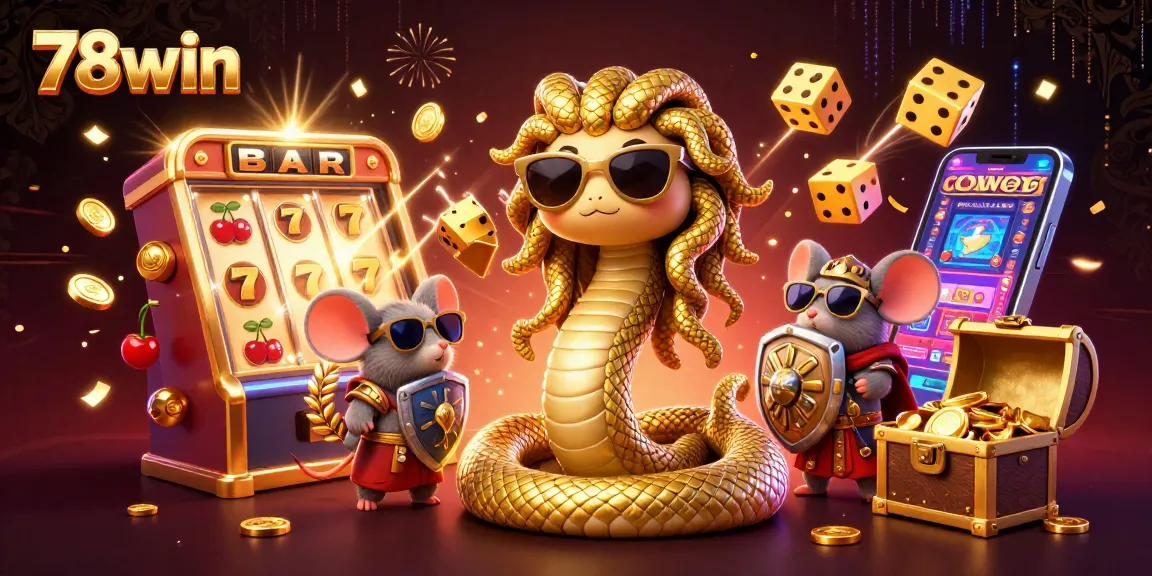 Experience vibrant gaming at 78win with Medusa and a warrior mouse amidst a jackpot explosion.