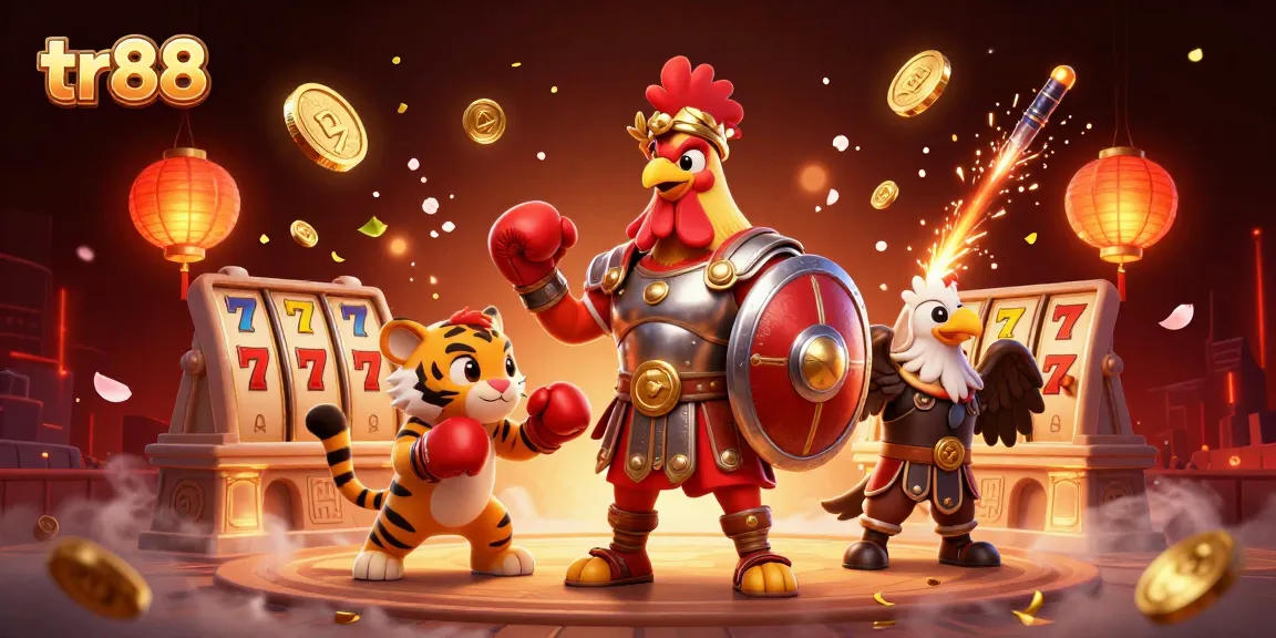 Experience the excitement of tr88 with dynamic slot reels, a gladiator rooster, and festive elements.