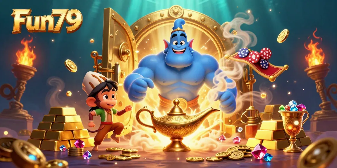 Experience excitement at Fun79 with a vibrant 3D illustration of a blue genie, treasure, and casino games.