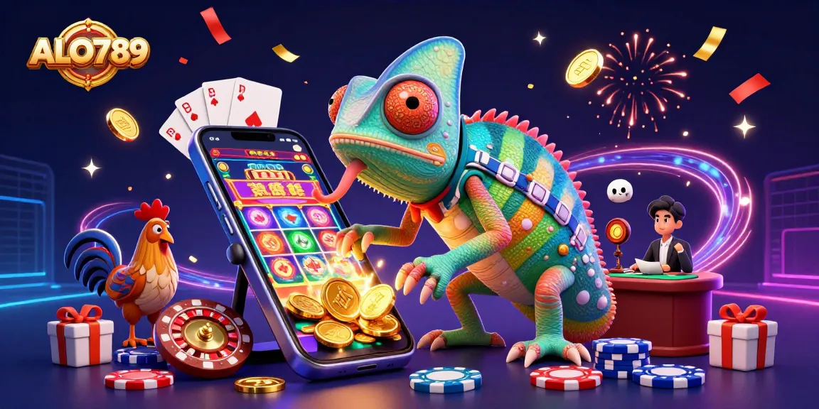 Experience thrilling cockfighting action at ALO789 with vivid gambling elements and chameleon casino imagery.