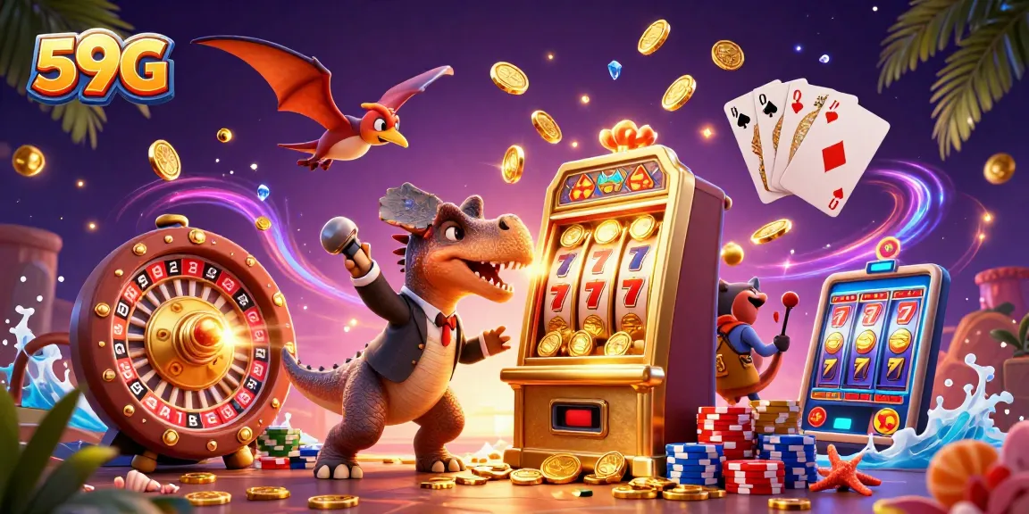 Experience winning excitement at 59G with dazzling coins cascading from a golden slot machine.