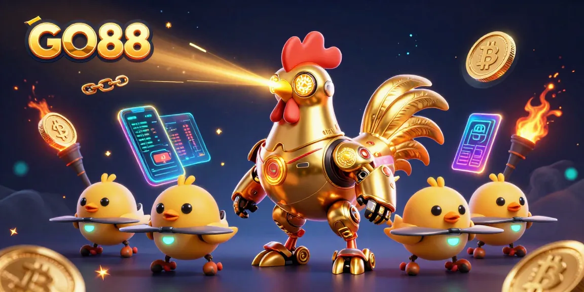 Play exciting casino games with GO88, featuring a futuristic golden rooster and crypto elements in a vibrant digital scene.