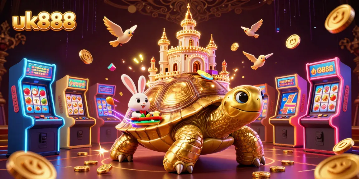 Engage with uk888's vibrant casino scene featuring a golden tortoise casino, a rabbit dealer, and flying coins.