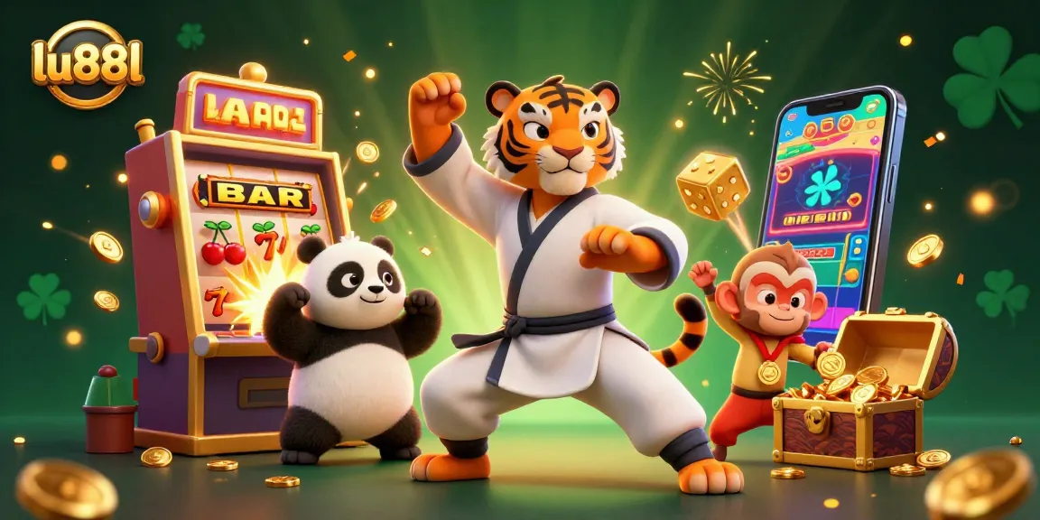 Join the excitement at lu88l with a vibrant casino scene featuring a kung fu tiger, slot machine, and lively elements.