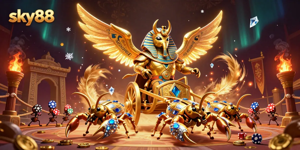 Experience thrilling gameplay at sky88 with a colossal golden scarab and scorpions in action.