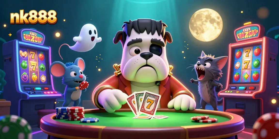 Experience the excitement of nk888 with a monster dealer at a spooky card table in a vibrant casino scene.
