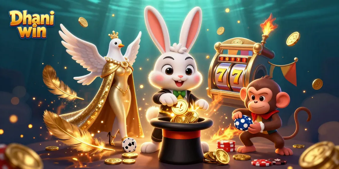 Dhani win players enjoying a lively 3D scene with a magician rabbit and characters engaging in thrilling casino games.