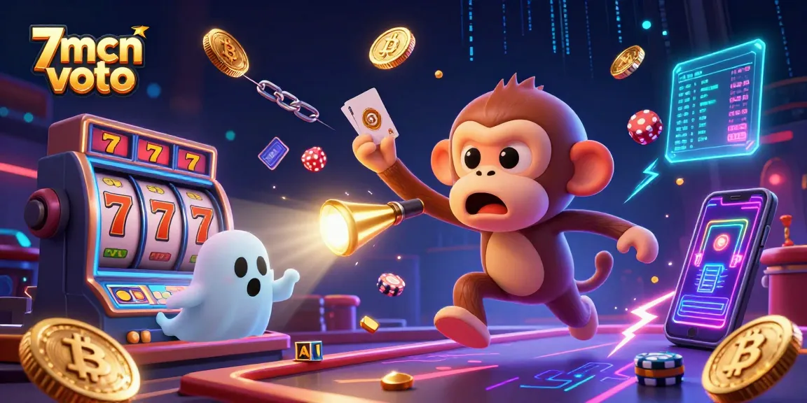 Engage with 7mcn voto in this vibrant scene of a poltergeist monkey juggling golden coins at a haunted casino.
