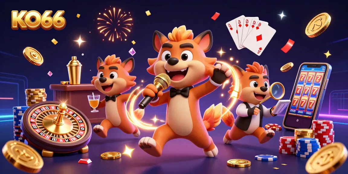 Experience the excitement at KO66 Casino with vibrant hyena characters in a dynamic gambling scene.