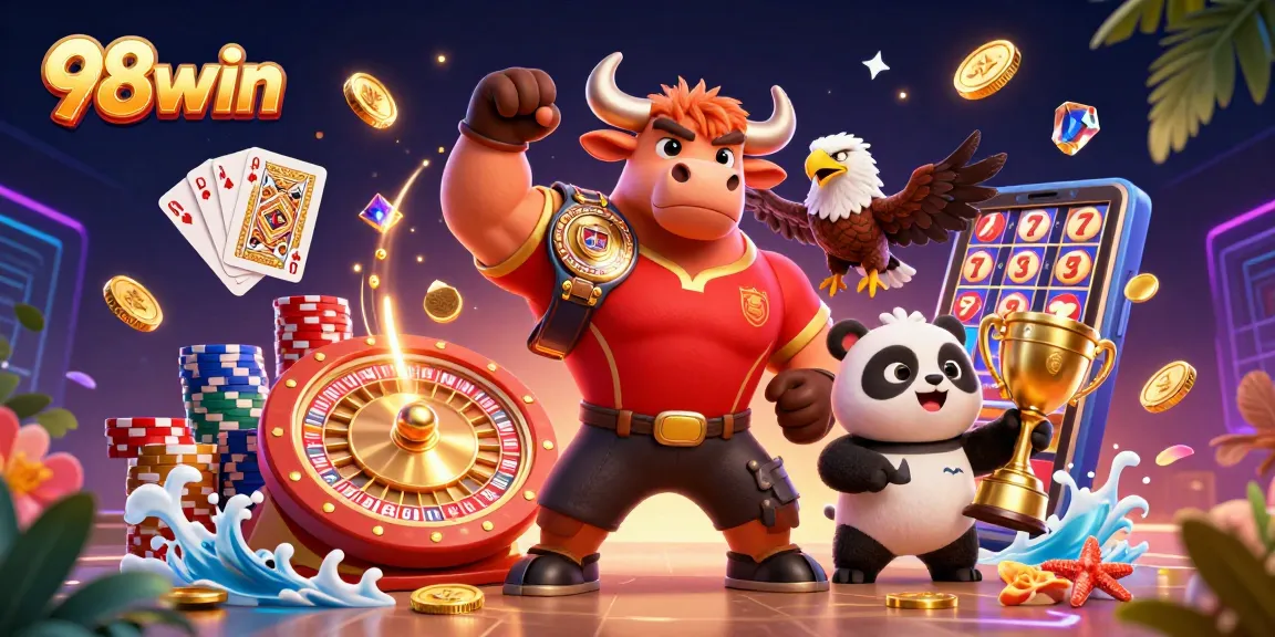 Experience the thrill of 98win with dynamic casino elements and vibrant characters celebrating victory.