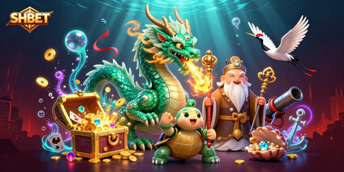 SHBET features a vibrant scene with a jade dragon, turtle sage, and cranes amidst a dynamic casino adventure.