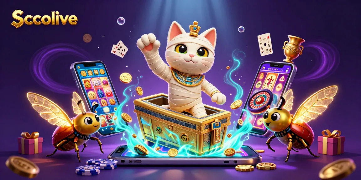 Socolive showcases vibrant casino graphics with an animated mummy cat and golden coins in action.