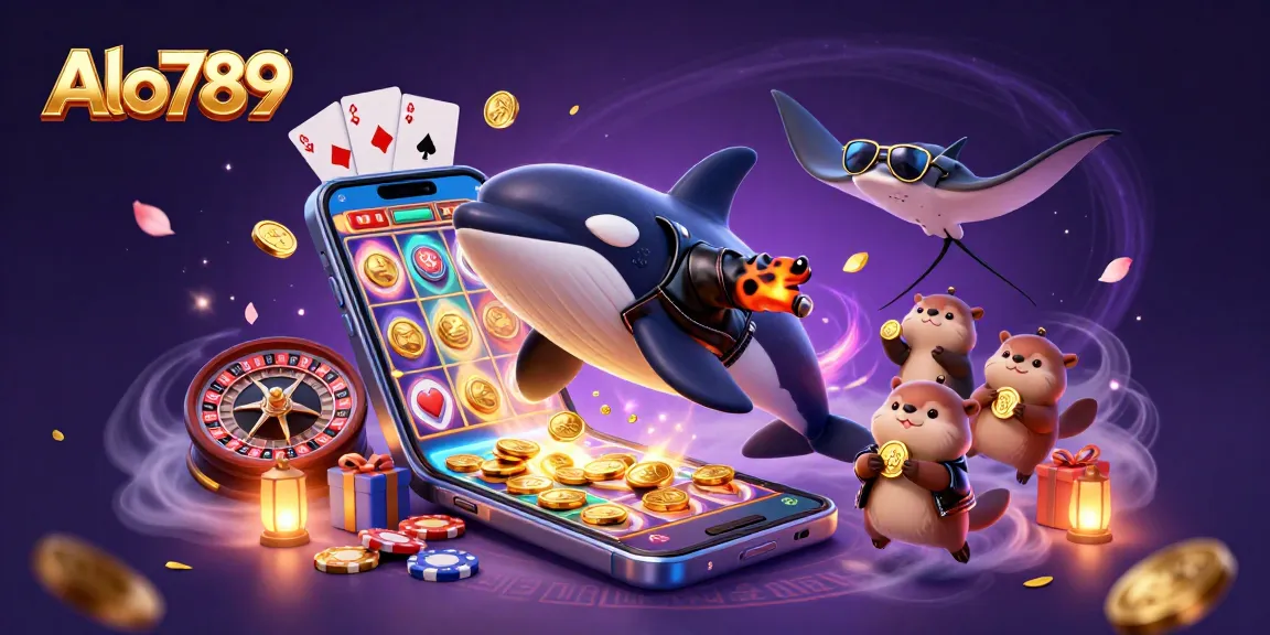 Alo789 players engage in thrilling casino games, featuring a vibrant 3D illustration of animated creatures and gaming action.