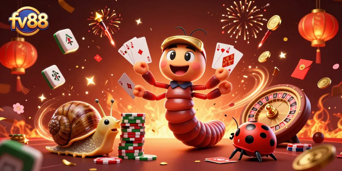 Join the excitement at fv88, where a millipede dealer fans out cards amidst festive casino elements!