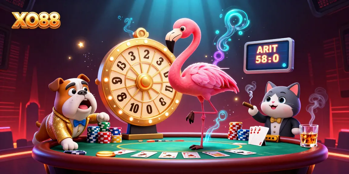 Engage with exciting XO88 casino gaming, featuring vibrant characters, poker chips, and a dynamic prize wheel.