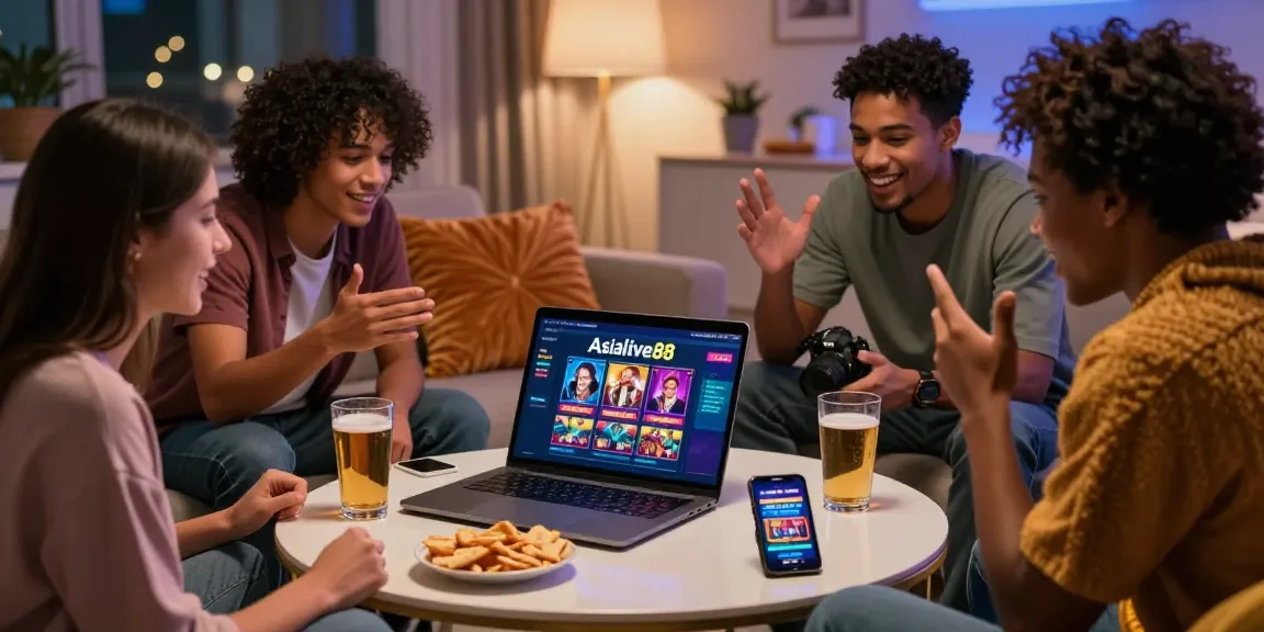 Group of friends enjoying Asialive88 online casino on a laptop with drinks and snacks.